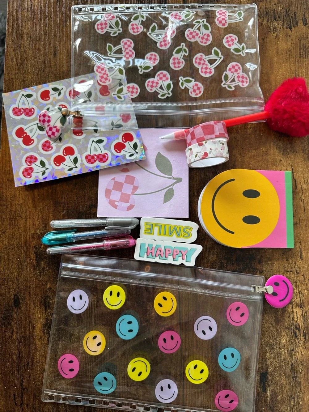 Two Zipper Pencil Pouches One Cherry & One Smiley Themed Pens Notepads Stickers